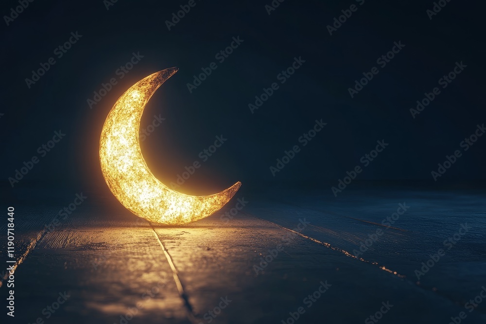 Aufkleber glowing crescent moon decorative accent on wooden surface with soft light, ideal for creating cozy a