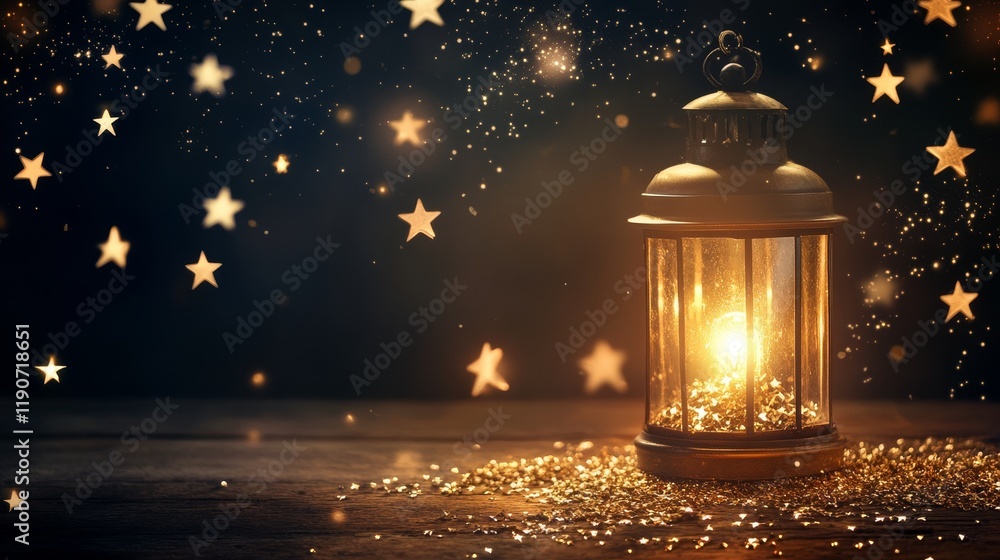Poster glowing lantern surrounded by stars and sparkles creating a magical atmosphere of warmth and wonder 