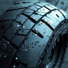 A detailed close-up of a waterlogged tire reveals its unique tread design with droplets and mud. The image highlights the functionality of the tire in varying weather conditions