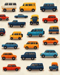 Fototapeta premium A playful arrangement of numerous cars in diverse colors and styles fills the space. The vehicles are set against a soft light backdrop, creating a vibrant aesthetic