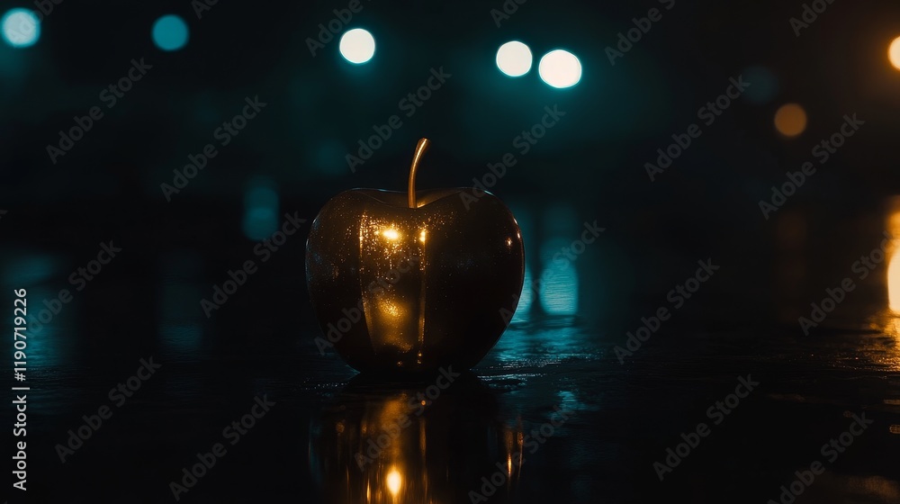 Poster golden apple on a dark rainy surface with soft blue bokeh lights in the background creating an atmos