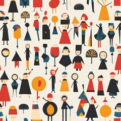 Fototapeta premium A vibrant array of stylized figures in various poses and colors is displayed, representing different characters and activities in a playful, abstract style