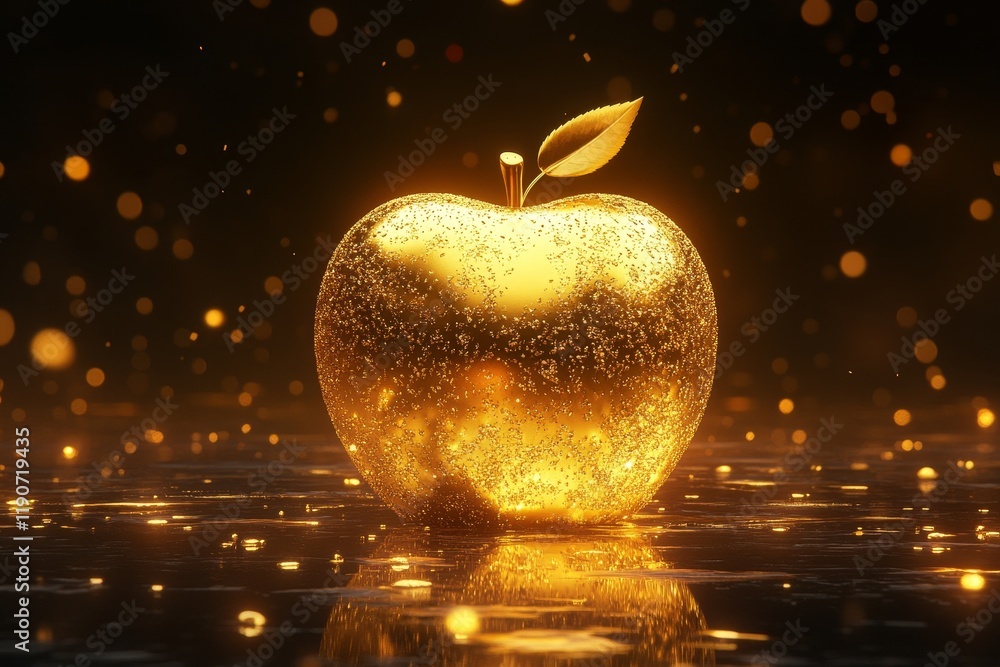 Poster golden apple on reflective surface with shimmering particles in the background, creating an enchanti