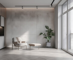 Aesthetic elegant minimalist modern interior design. Clear mock up empty wall for decoration in the apartment. Copy space in the room. Neutral palette of natural colors.