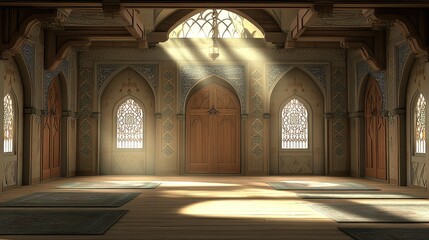 Fototapeta premium Sunlit Interior of Ornate Hall with Arched Windows and Wooden Doors, Captivating Design