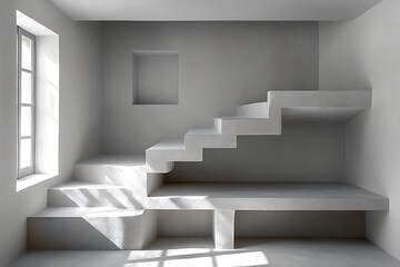 Minimalist white staircase and seating area in a sunlit room.