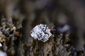 Colorless Chabazite crystals. Specimen from St-Jean-Le-Centenier, France. Micro photography extreme close-up. microscope mineral crystal photography for Scientific use.
