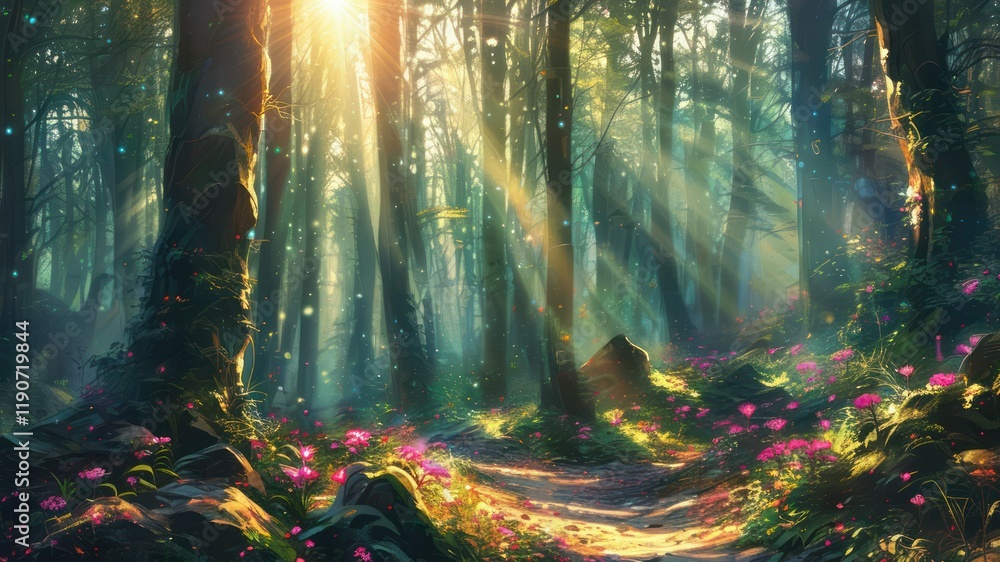 Leinwandbilder sunlight filters through trees in tranquil forest, creating a serene and enchanting atmosphere with 