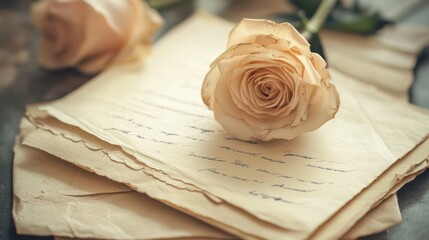 A delicate pink rose rests on a stack of aged, handwritten letters. The warm tones and textures evoke nostalgia, suggesting romantic moments and heartfelt communication from the past