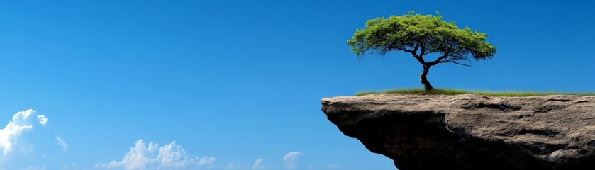 Obraz premium Solitary Tree on Cliff Edge: A lone tree, a symbol of resilience and hope, stands tall on the edge of a rugged cliff against a backdrop of a vibrant blue sky. 