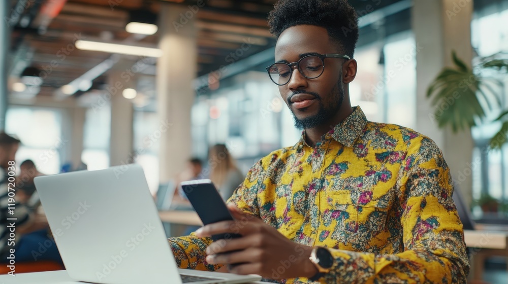 Poster a vibrant photo of a manager using a smartphone and a laptop to multitask during a busy day in a cor