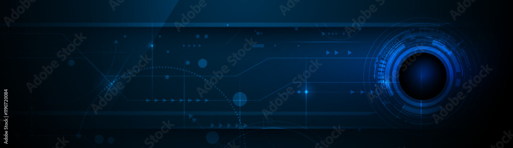 Poster Vector illustration design, digital eyeball and line on circuit board. High tech computer, science technology. Abstract futuristic communication concept. Dark blue color background