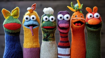 A group of seven vibrant sock puppets showcases unique characters, each with different colors and designs. The playful arrangement highlights the creativity and fun of puppet making