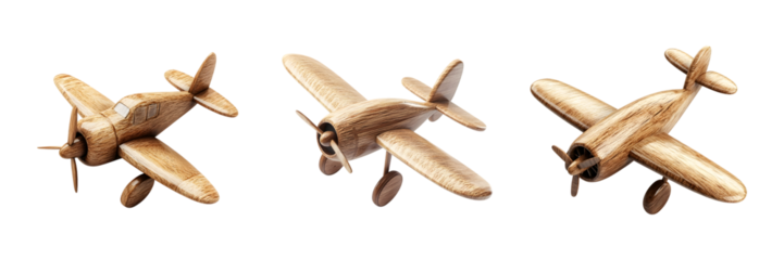 set of wooden toy airplane isolated on transparent background, cut out