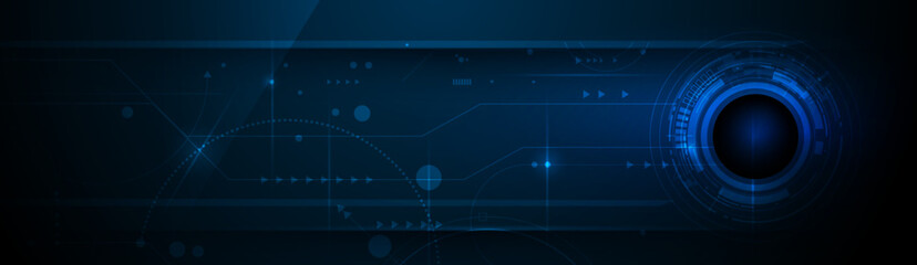 Vector illustration design, digital eyeball and line on circuit board. High tech computer, science technology. Abstract futuristic communication concept. Dark blue color background