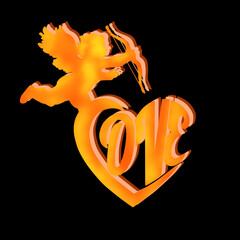 Valentine background, love text, archer fairy illustration, Hand lettering, calligraphy, orange color vector 