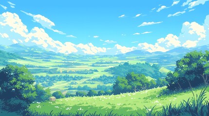 Fototapeta premium pixelated landscape featuring green rolling hills and a clear blue sky, designed for a gaming aesthetic