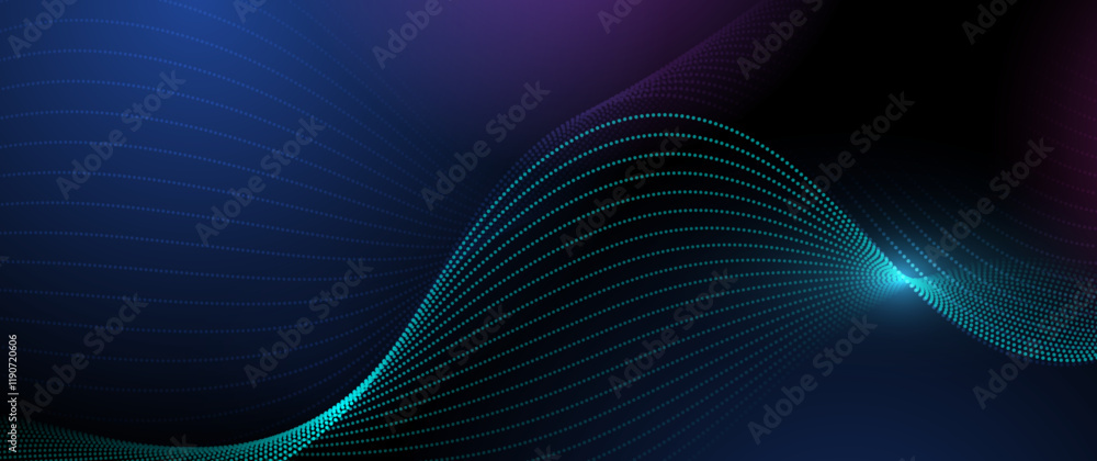 Poster Vector abstract dynamic, wave particle and dot. Illustration technology background with dynamic mesh, neon light design for banner, wallpaper. High tech, digital datum network and science concept