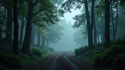 Fototapeta premium Mystical forest enveloped in mist, with a secluded dirt road winding through dense, shadowy trees, creating an enchanting and mysterious atmosphere