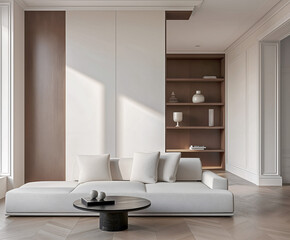 Fototapeta premium Aesthetic elegant minimalist modern interior design. Clear mock up empty wall for decoration in the apartment. Copy space in the room. Neutral palette of natural colors.