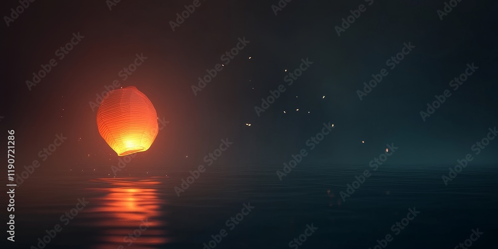Aufkleber Illuminated Floating Lantern on Serene Water Surface in Dark Night, Creating a Tranquil and Dreamy Atmosphere with Gentle Reflections and Glowing Particles