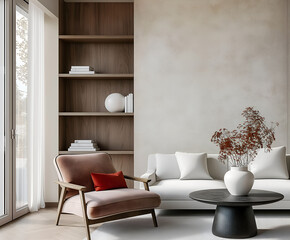 Aesthetic elegant minimalist modern interior design. Clear mock up empty wall for decoration in the apartment. Copy space in the room. Neutral palette of natural colors.