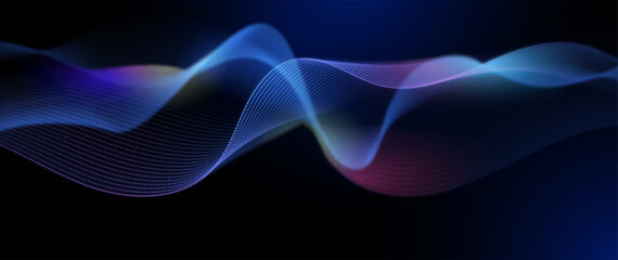 Vector abstract dynamic, wave - flow mesh particles pattern and dot on dark blue background. Illustration design futuristic, network technology background. Modern digital datum and science concept