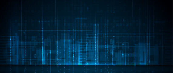 Vector illustration architecture, cityscape with cyber space, neon light. Modern hi-tech, science, data - datum futuristic technology concept. Abstract digital city, innovation design for background