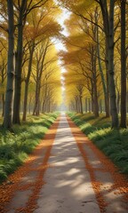 A blurry shot of a walking path through an autumn park with a green forest background, natural textures, serene atmosphere , outdoors