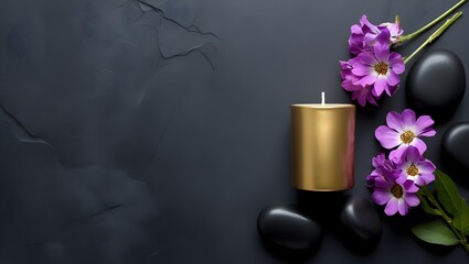 black spa design with candle purple flowers and smooth stones for relaxation concepts
