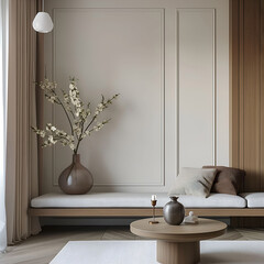 Aesthetic elegant minimalist modern interior design. Clear mock up empty wall for decoration in the apartment. Copy space in the room. Neutral palette of natural colors.