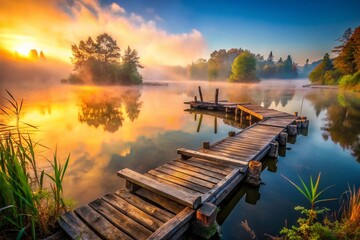 Fototapeta premium Eerie Morning Fog Rolling Over Calm Lake - Urban Exploration Photography