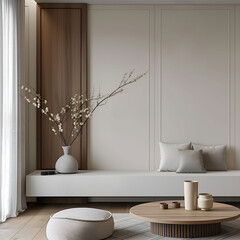 Aesthetic elegant minimalist modern interior design. Clear mock up empty wall for decoration in the apartment. Copy space in the room. Neutral palette of natural colors.