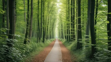 Obraz premium Lush forest pathway surrounded by vibrant green trees, inviting tranquility and outdoor exploration