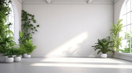 Superb minimalist living room interior with potted plants and white walls