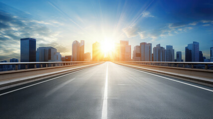 Fototapeta premium Sunset Over Highway Leading to Modern City