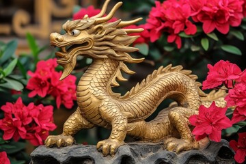 Fototapeta premium Intricate Golden Dragon Sculpture Surrounded by Vibrant Azalea Flowers in a Tranquil Garden Setting for Cultural and Artistic Themes