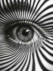 Intricately patterned black and white eye with swirling lines creating optical illusion effects