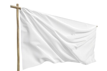 A white flag gently waving on a wooden pole, symbolizing surrender or truce. isolated on white background