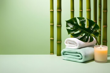 soft green bamboo spa background with monstera leaf and towels for wellness design