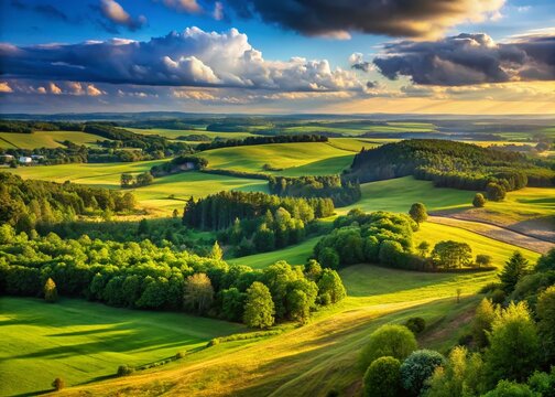 Panoramic View of Green Hills and Fields from Na Ozie Observation Point, Smolniki, Poland