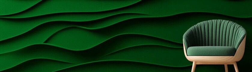 Serene Green Haven: A single, plush green armchair sits invitingly against a calming backdrop of  deep green, undulating waves, creating an aura of tranquility and comfort.