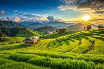 Fototapeta premium Panoramic View of Lush Rice Terraces in Chiang Mai, Thailand's Countryside