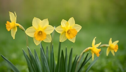 Fototapeta premium Beautiful Yellow Spring Blooms on Blurred Green Background. 10
