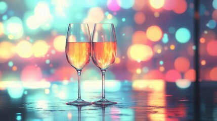 Blurred glowing lights next to wine glasses, creating a peaceful and elegant visual, style book illustration