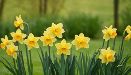 Obraz premium Beautiful Yellow Spring Blooms on Blurred Green Background. 5