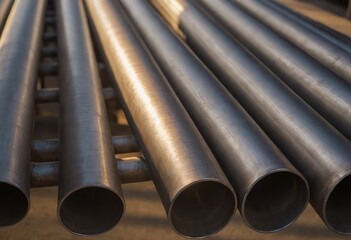 A large collection of metal pipes is stacked neatly on top of each other