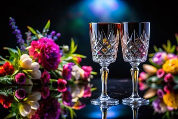 Elegant Crystal Glasses with Floral Design Panoramic Photography