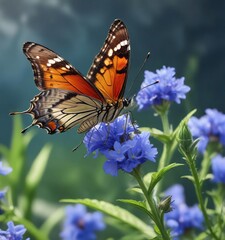Obraz premium A butterfly sipping nectar from a blue flower, garden, delicate