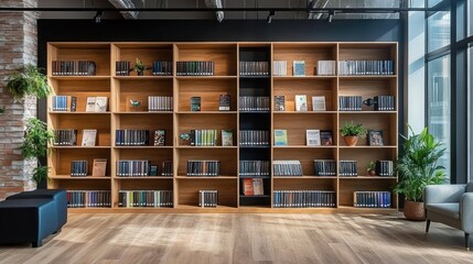 Modern office library; bookshelves, plants, wood floor. Relaxation space; corporate workspace